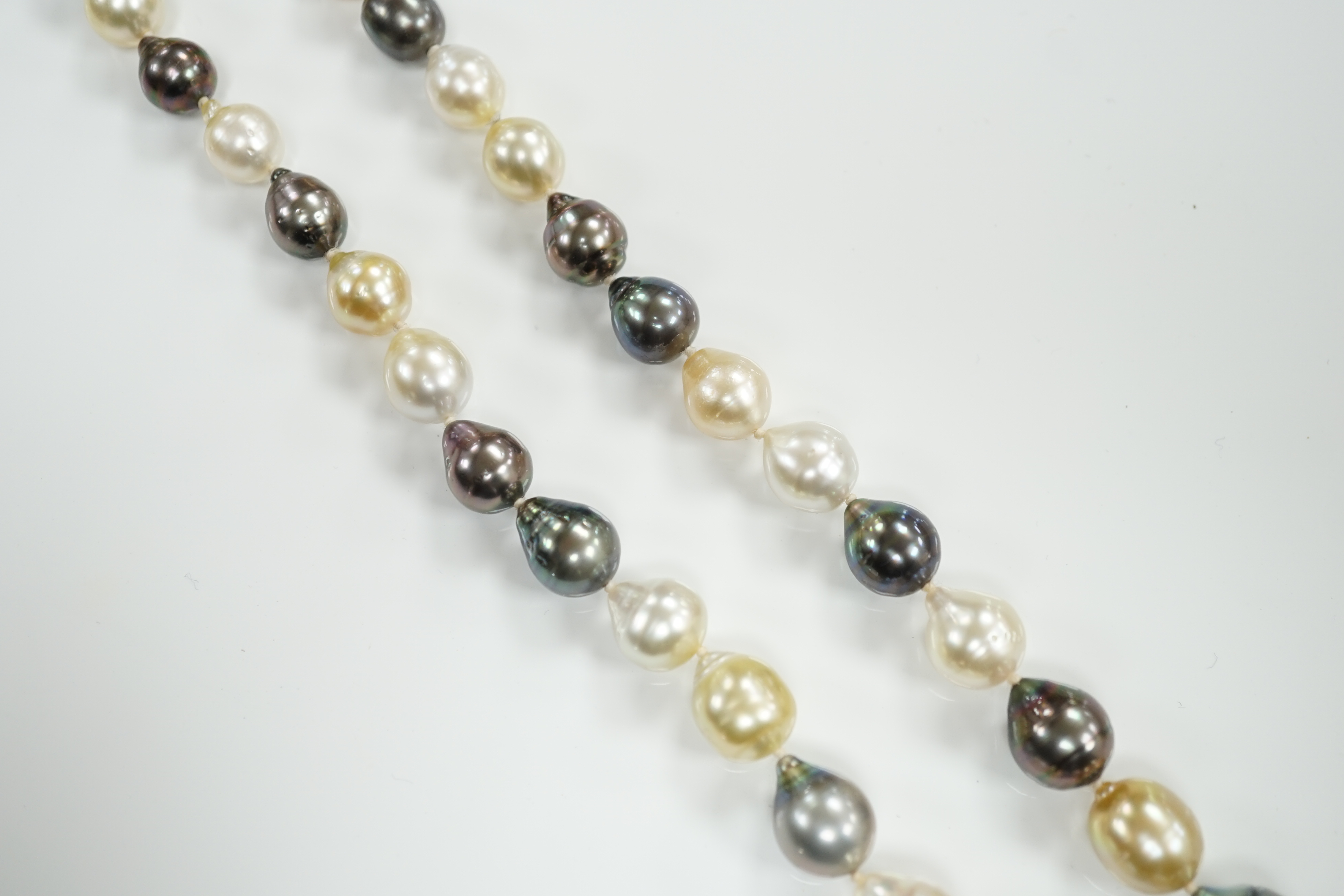 A modern single strand cultured South Sea cultured baroque pearl necklace, with 18ct gold spherical clasp, 42cm, with box.